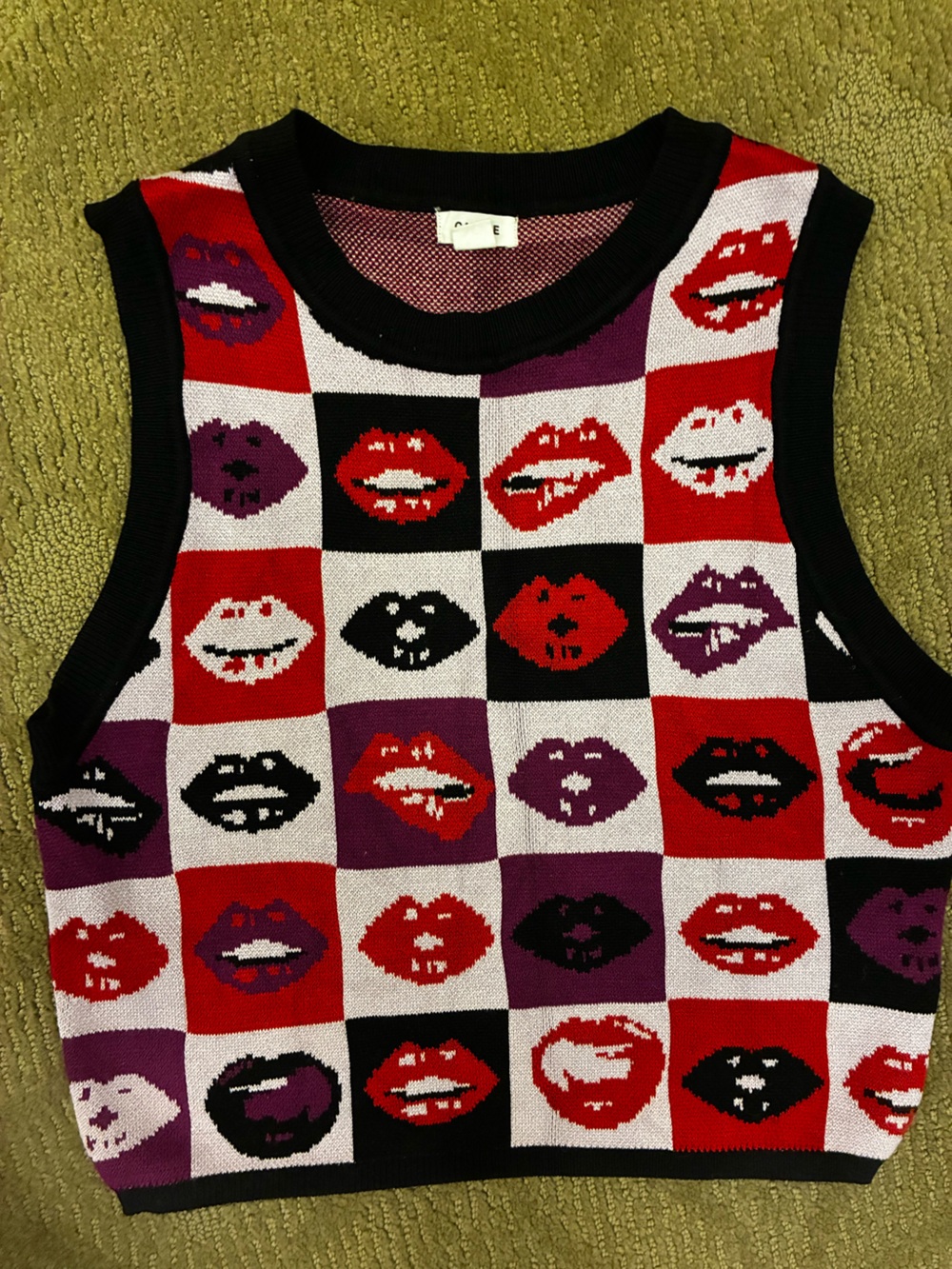 Garage Red Purple Black White Lip-Print Checker Knit Tank